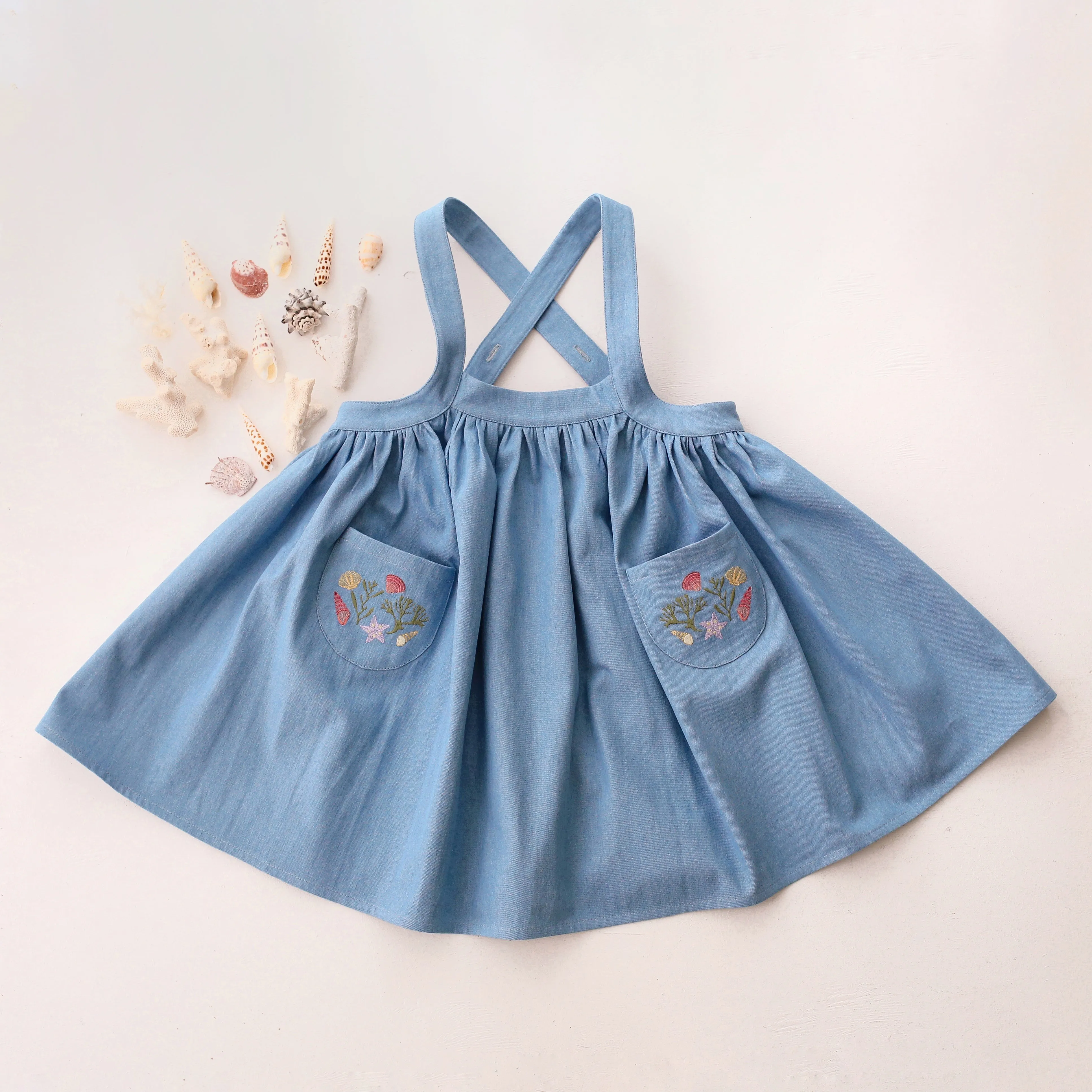 Light Blue Denim Straps Pinafore with Pockets with Shells Embroidery