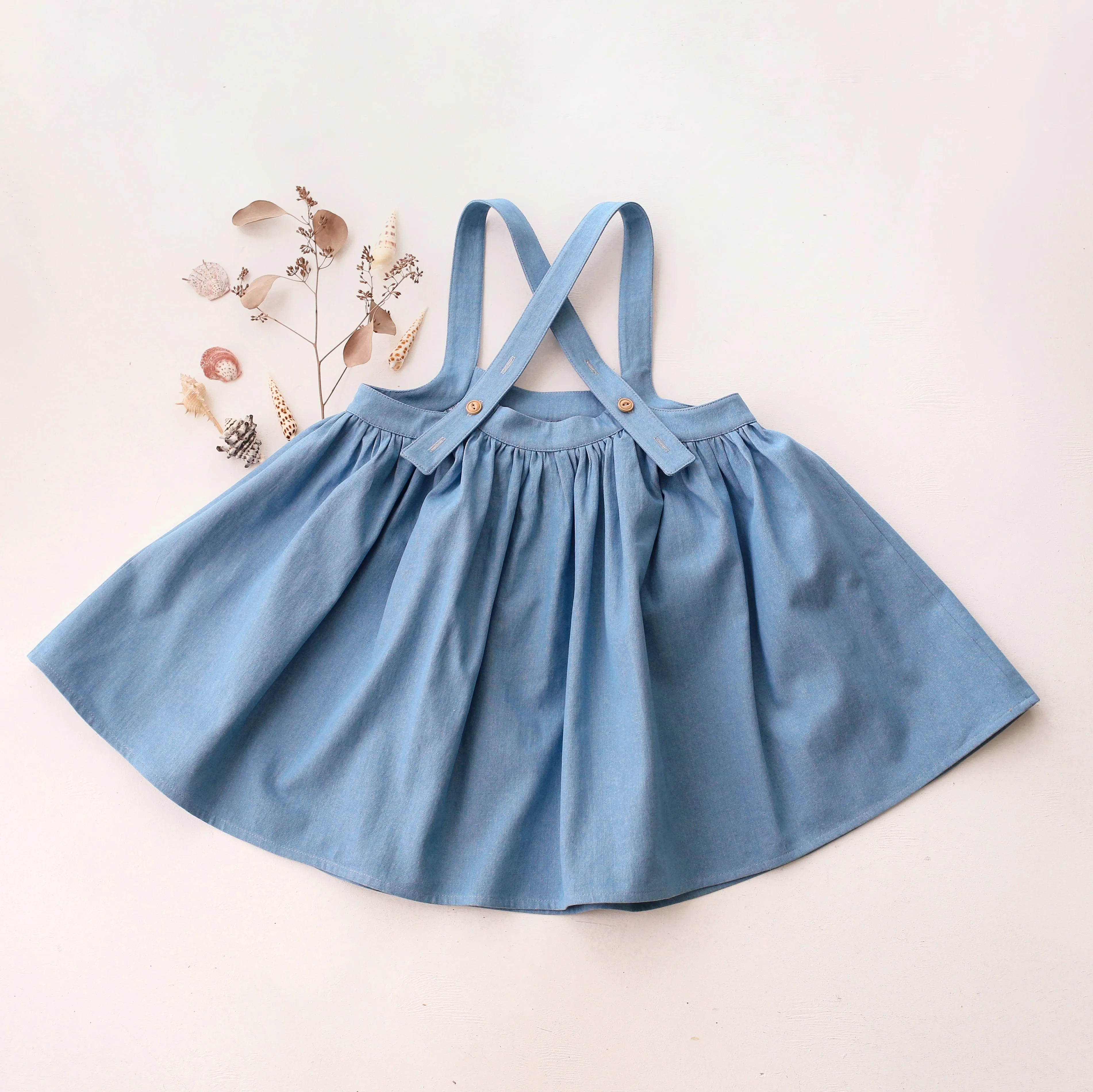 Light Blue Denim Straps Pinafore with Pockets with Shells Embroidery