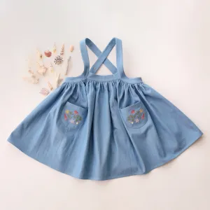 Light Blue Denim Straps Pinafore with Pockets with Shells Embroidery