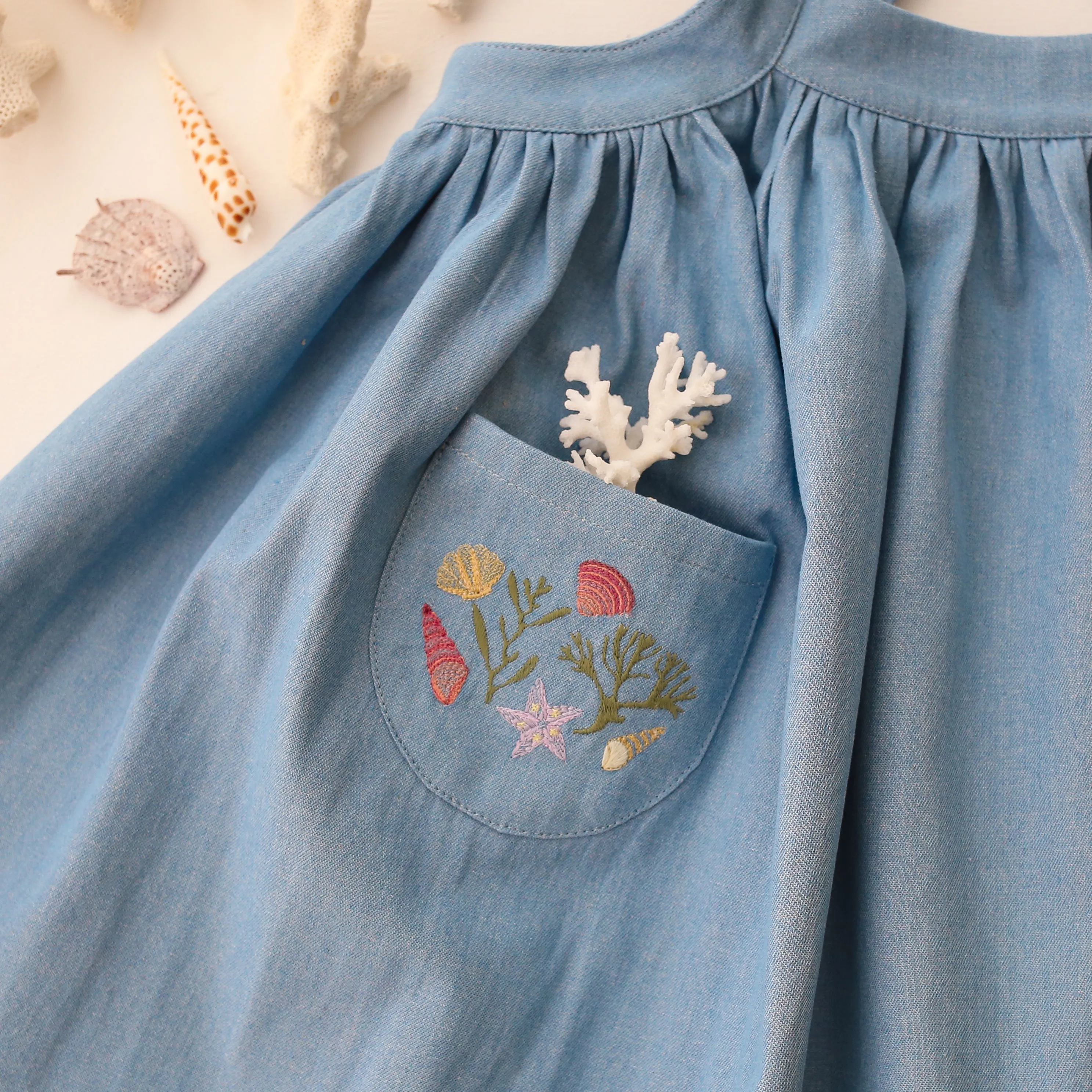 Light Blue Denim Straps Pinafore with Pockets with Shells Embroidery