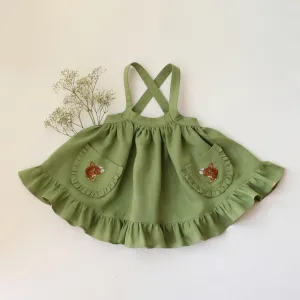 Meadow Green Linen Straps Pinafore with Frills with Squirrel with Snowdrop Embroidery