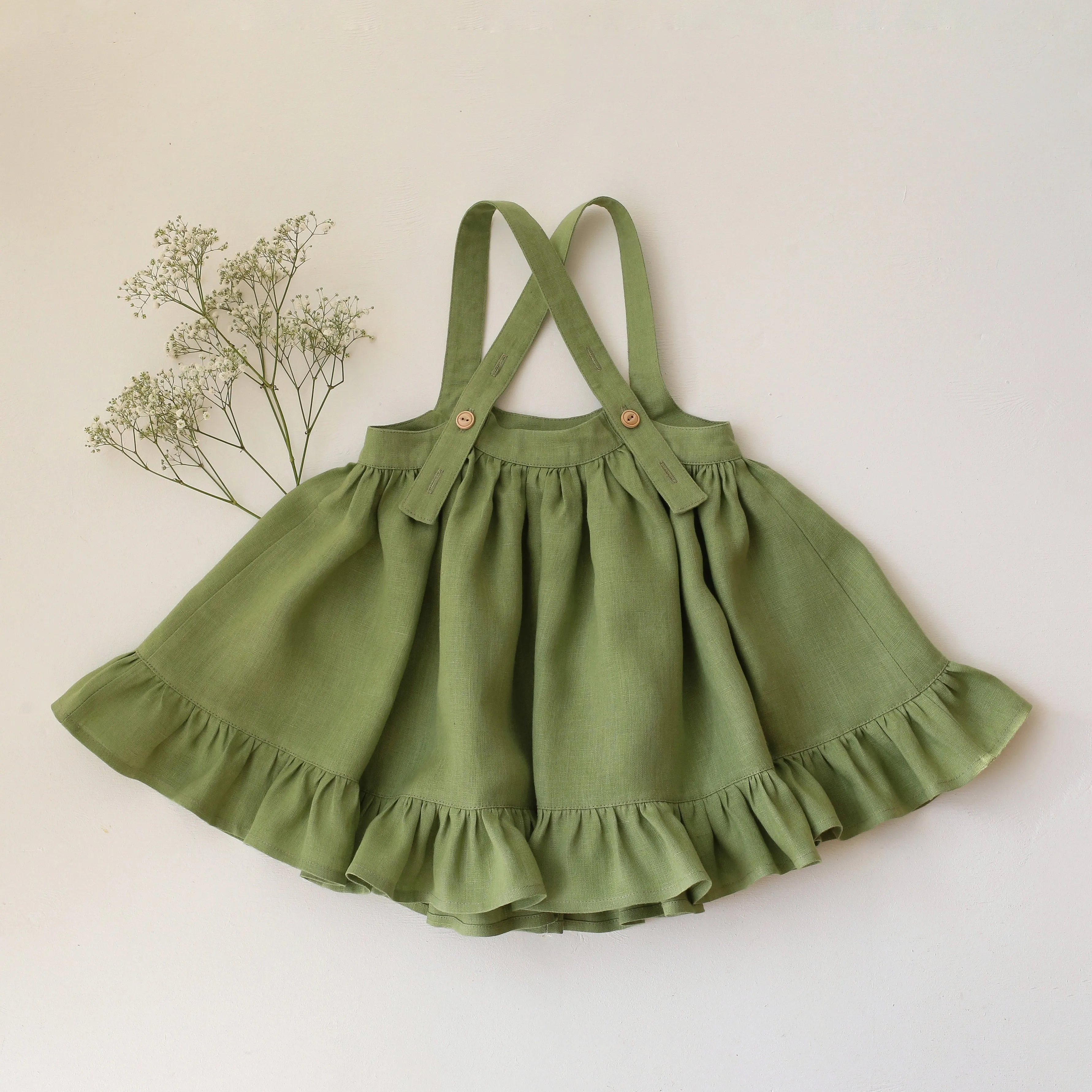 Meadow Green Linen Straps Pinafore with Frills with Squirrel with Snowdrop Embroidery