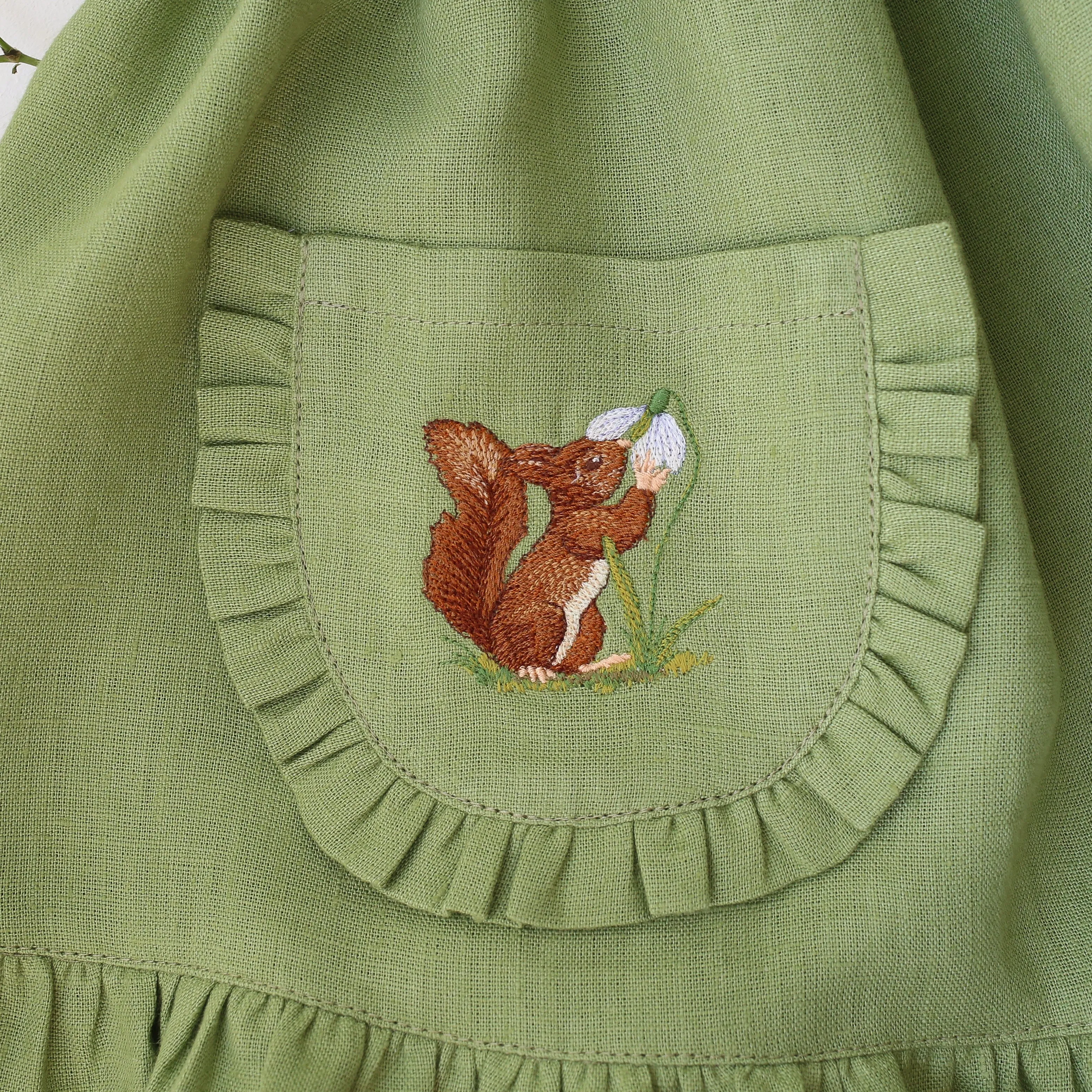 Meadow Green Linen Straps Pinafore with Frills with Squirrel with Snowdrop Embroidery