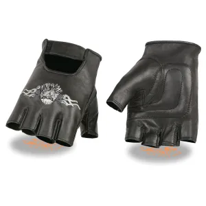 Milwaukee Leather SH352 Men's Black Leather Gel Padded Palm Fingerless Motorcycle Hand Gloves W/ Embroidered Flaming Eagle