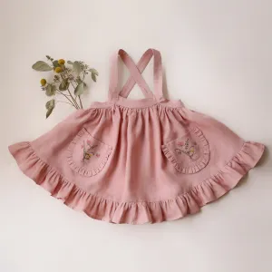 Powder Linen Straps Pinafore with Frills with Bouquet #1 Embroidery