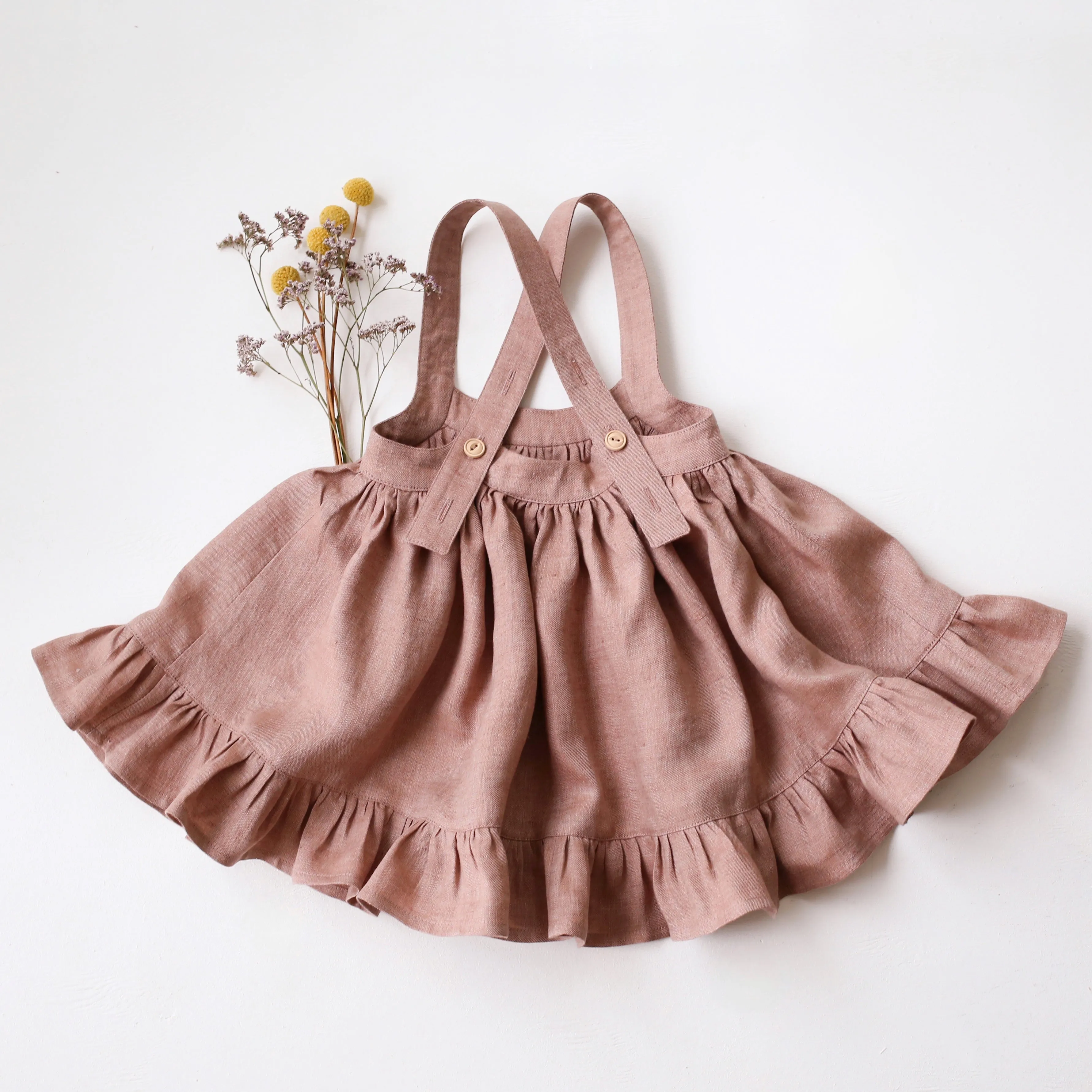 Rose Smoke Linen Straps Pinafore with Frills with Autumn Bouquet Embroidery