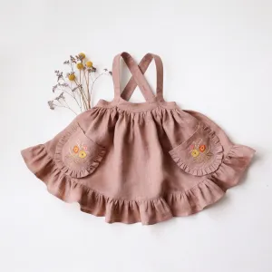 Rose Smoke Linen Straps Pinafore with Frills with Autumn Bouquet Embroidery