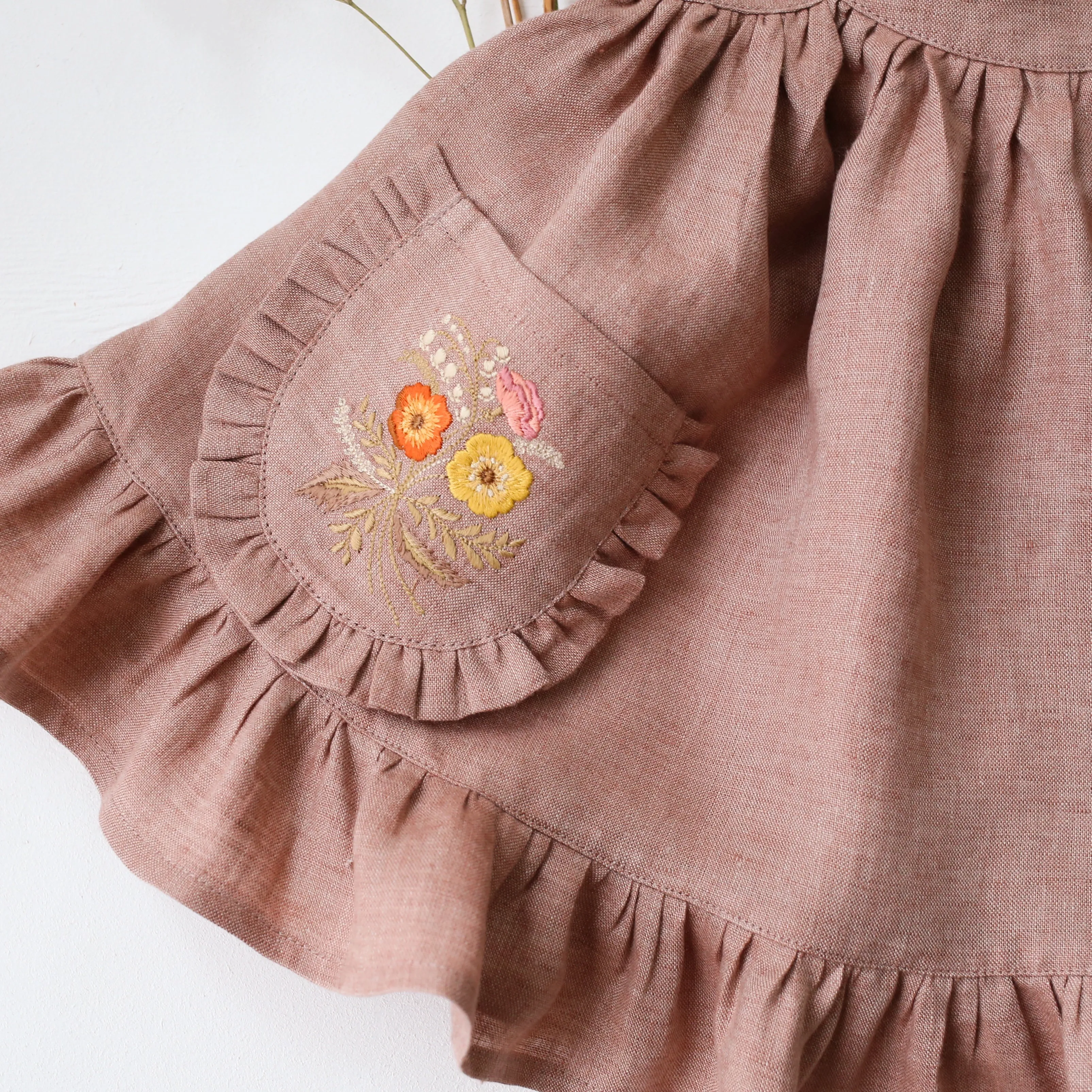 Rose Smoke Linen Straps Pinafore with Frills with Autumn Bouquet Embroidery