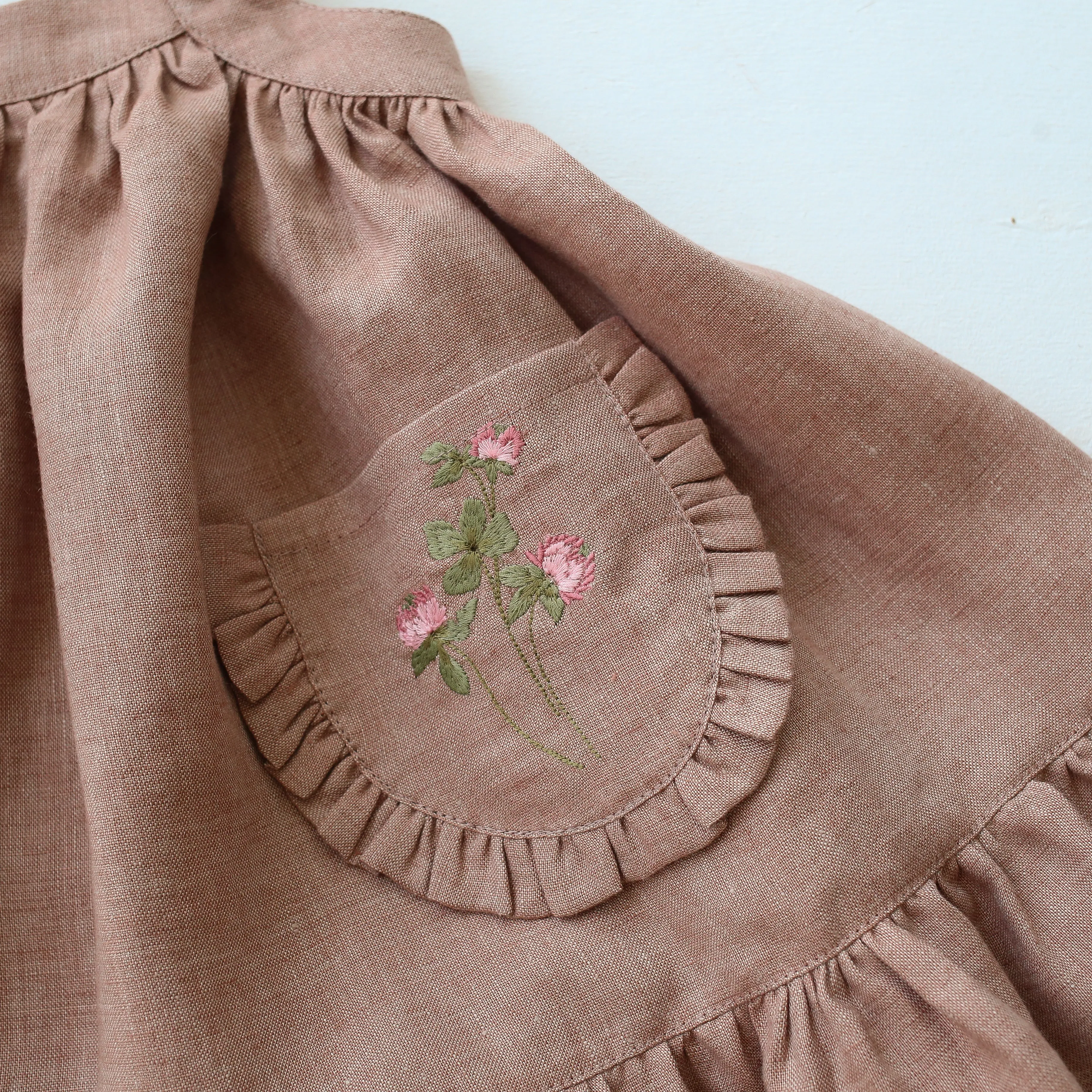 Rose Smoke Linen Straps Pinafore with Frills with Clover Flower Embroidery