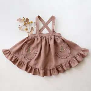 Rose Smoke Linen Straps Pinafore with Frills with Clover Flower Embroidery