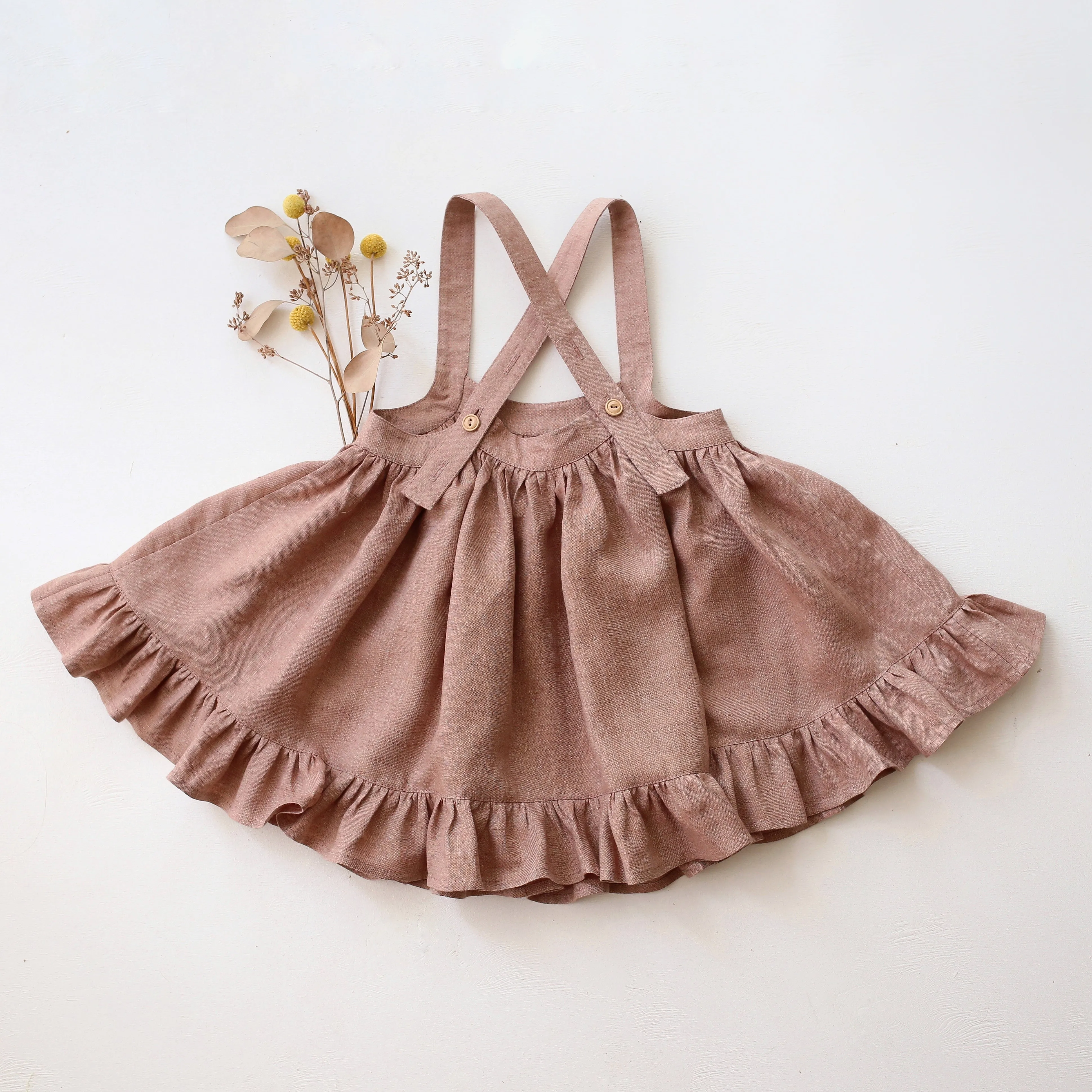 Rose Smoke Linen Straps Pinafore with Frills with Clover Flower Embroidery
